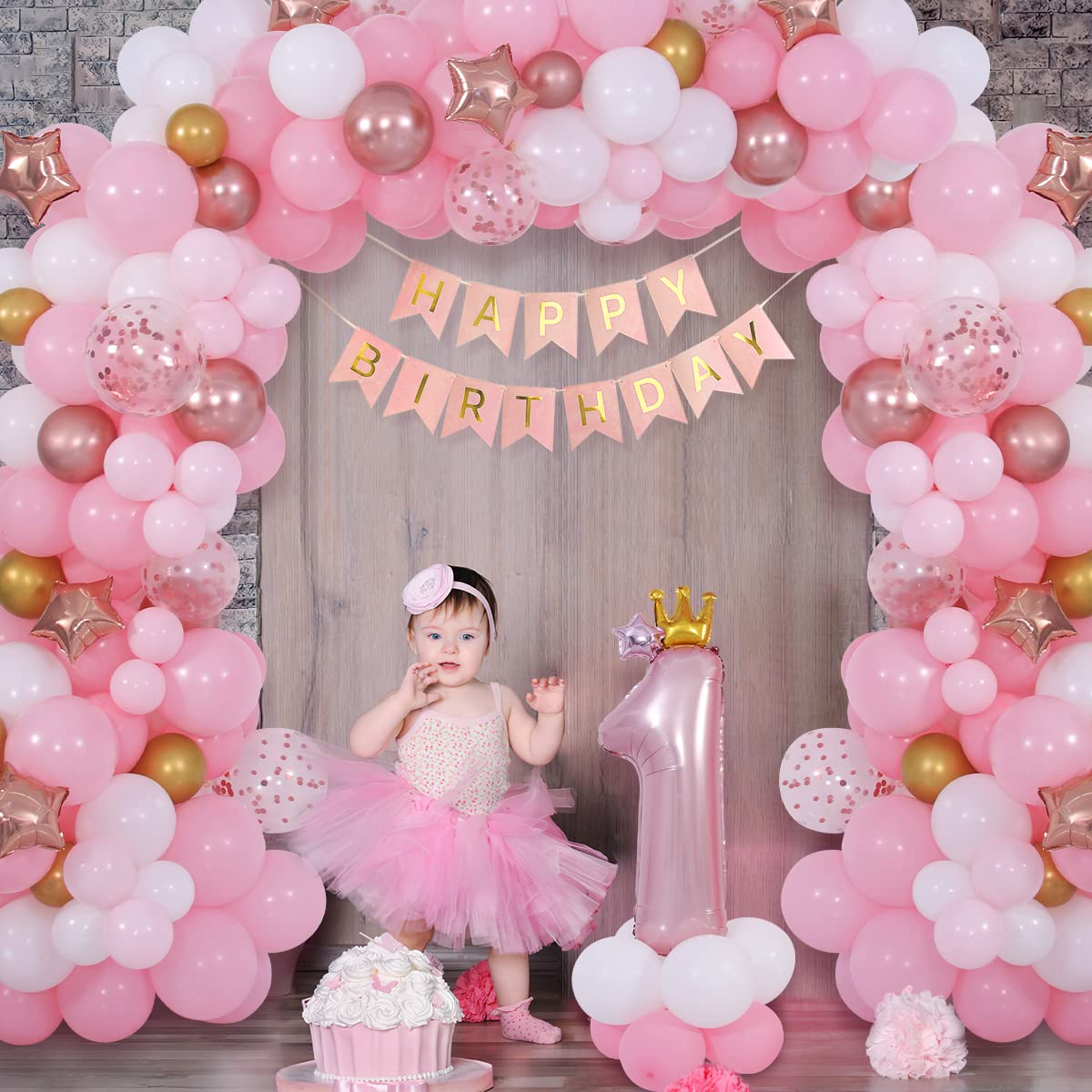 Funmilies Pink Balloon Arch Kit for First Birthday Girl – 16.6ft Banner, 36in Number 1 Crown Balloon with Rose Gold Confetti
