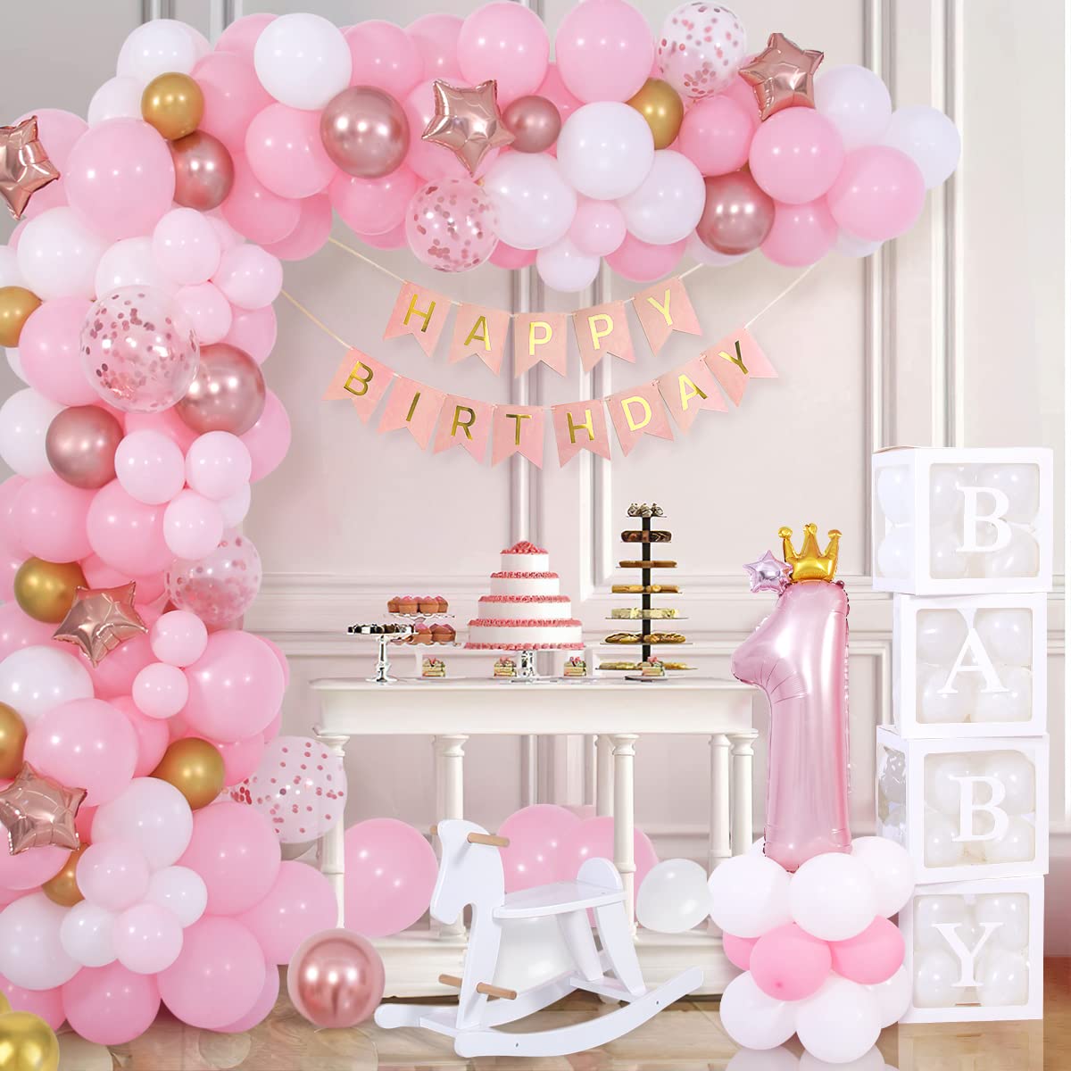 Funmilies Pink Balloon Arch Kit for First Birthday Girl – 16.6ft Banner, 36in Number 1 Crown Balloon with Rose Gold Confetti