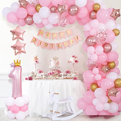 Funmilies Pink Balloon Arch Kit for First Birthday Girl – 16.6ft Banner, 36in Number 1 Crown Balloon with Rose Gold Confetti