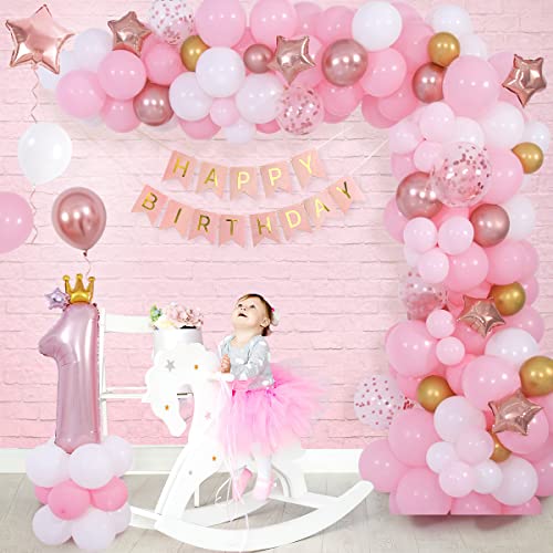 Funmilies Pink Balloon Arch Kit for First Birthday Girl – 16.6ft Banner, 36in Number 1 Crown Balloon with Rose Gold Confetti