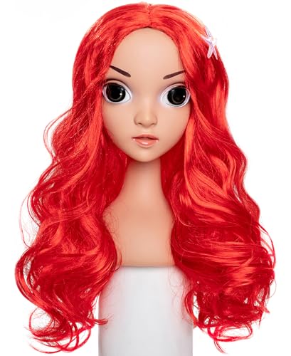 Funna Mermaid Wig for Girls - Long Curly Red with Starfish Hairpins - Costume Accessories