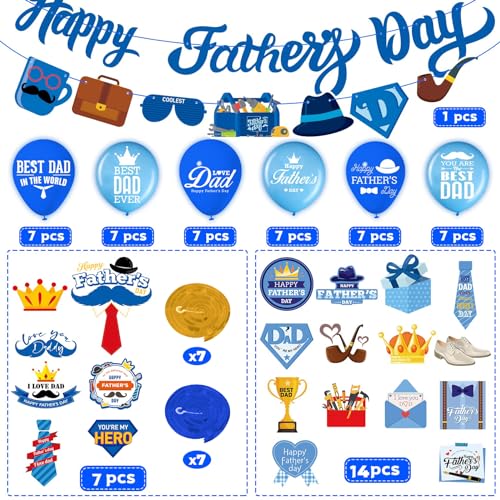 Funnlot 64-Piece Father's Day Decoration Set with Banner, Cake Topper, Balloons & Ceiling Hangings - Red, Mint, Dark Blue & Gold