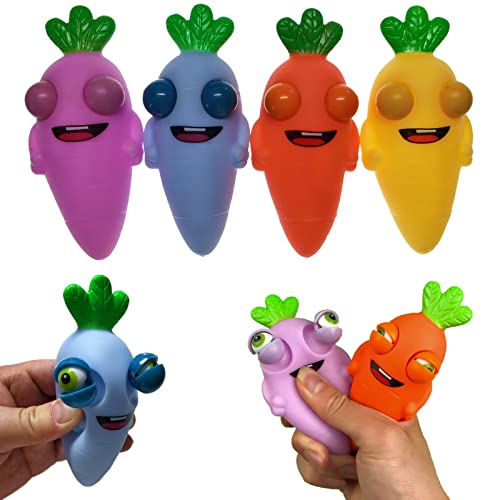 Funny Pop-Out Stress Squeeze Toys 4 Pack – Cute Radish Fidget Toy with Sticking Eyes for Stress Relief, Easter Gift for Adults and Kids