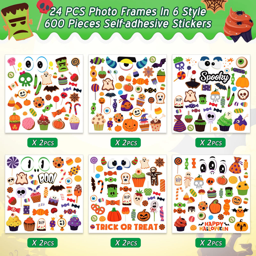 Funrous 24-Pack Halloween Paper Picture Frame Craft Kit with Stickers – DIY Cartoon Photo Frames for Party Decor
