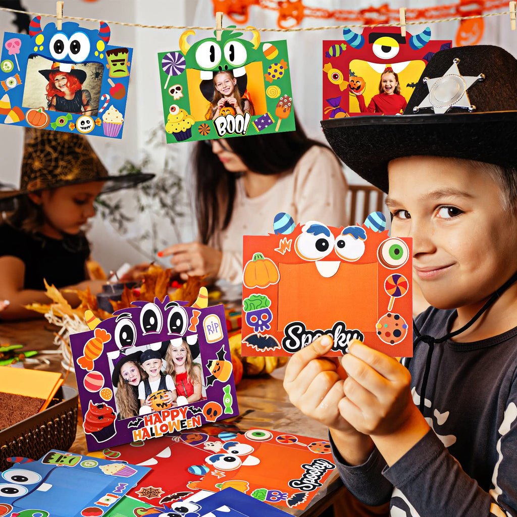 Funrous 24-Pack Halloween Paper Picture Frame Craft Kit with Stickers – DIY Cartoon Photo Frames for Party Decor
