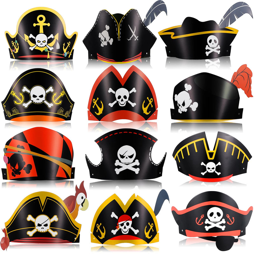 Funtery 48 Pack Pirate Hats – 12 Unique Designs for Kids and Adults – Paper Party Bandanas for Halloween and Costume Events