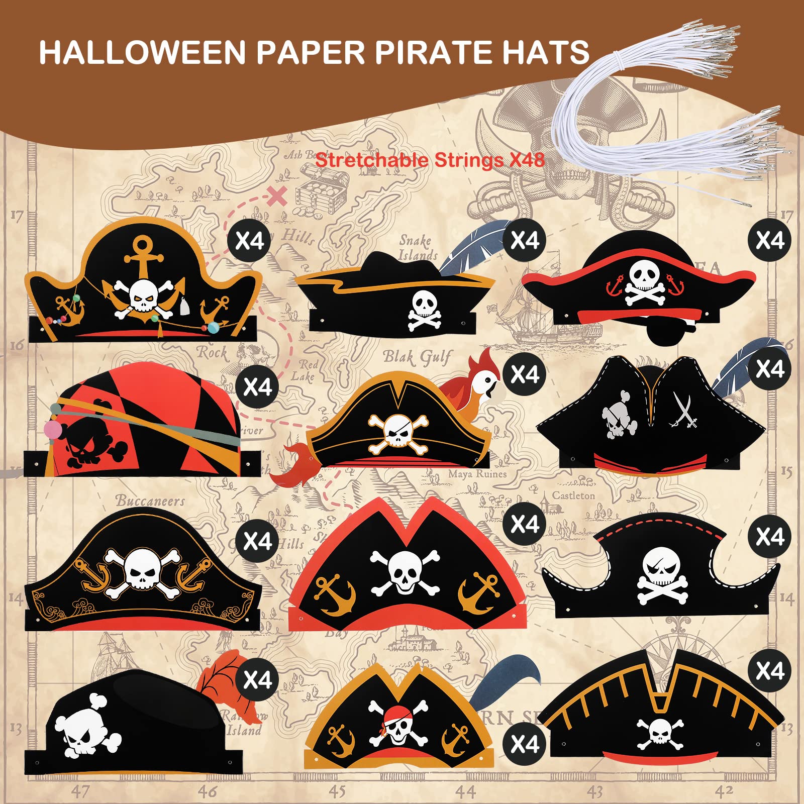 Funtery 48 Pack Pirate Hats – 12 Unique Designs for Kids and Adults – Paper Party Bandanas for Halloween and Costume Events