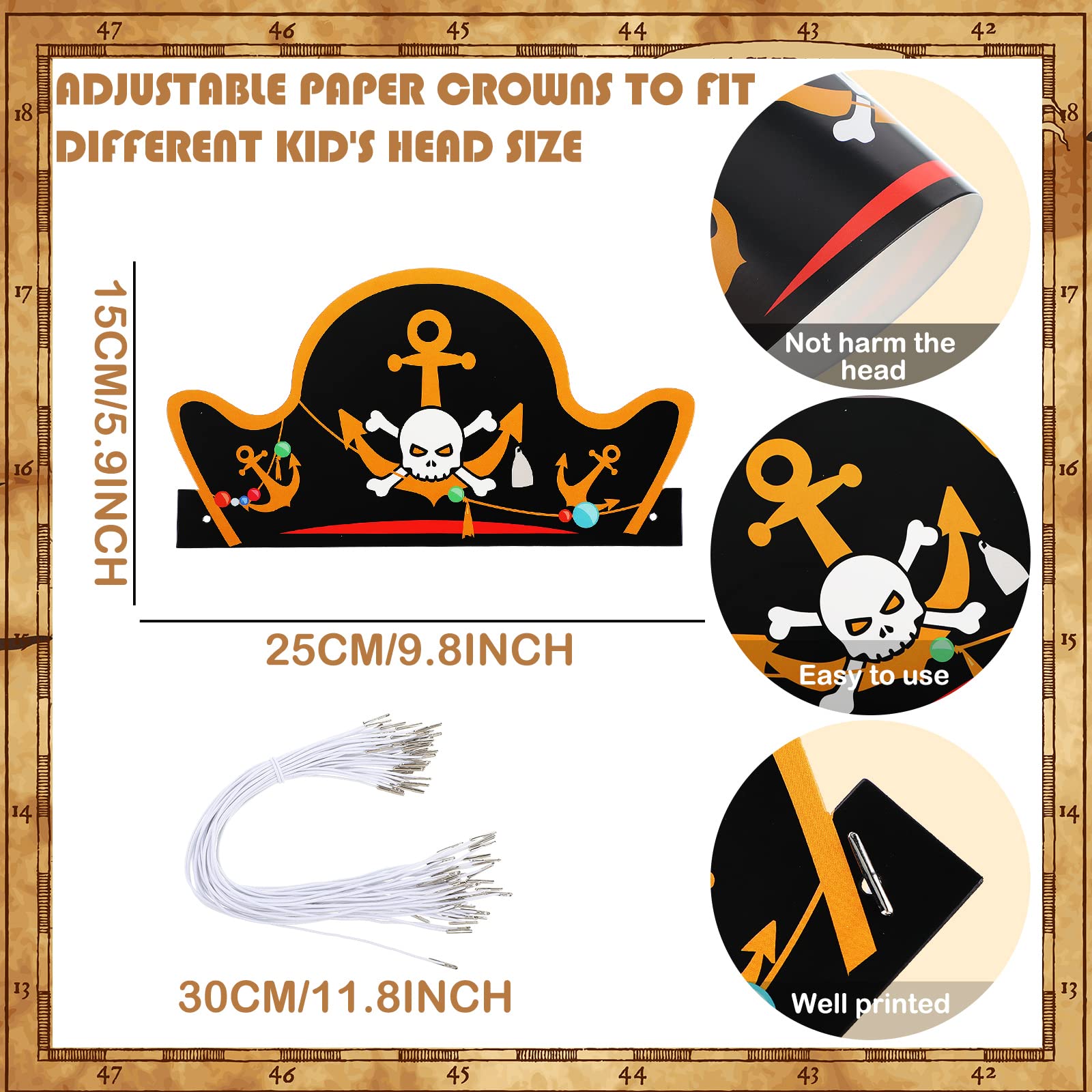 Funtery 48 Pack Pirate Hats – 12 Unique Designs for Kids and Adults – Paper Party Bandanas for Halloween and Costume Events