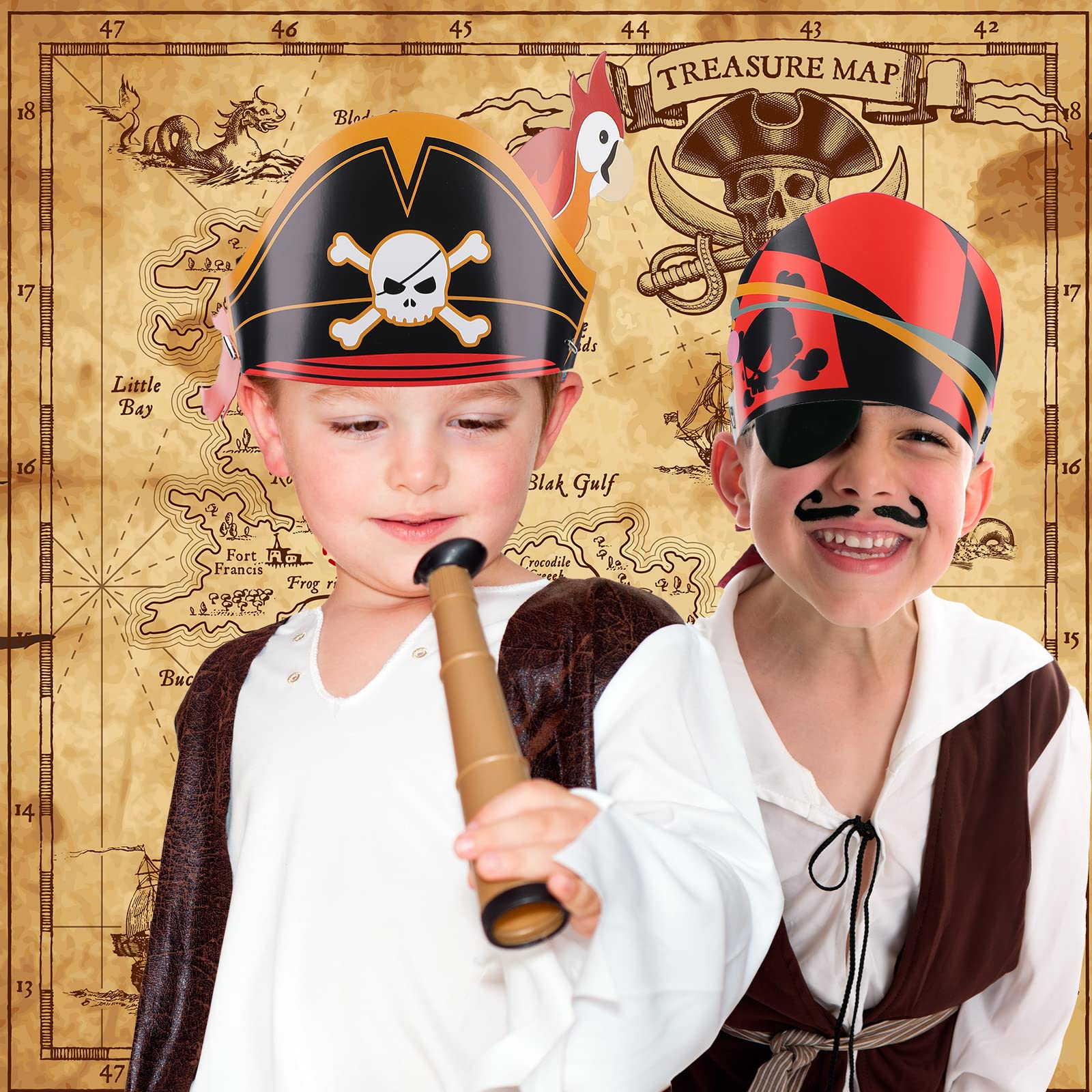 Funtery 48 Pack Pirate Hats – 12 Unique Designs for Kids and Adults – Paper Party Bandanas for Halloween and Costume Events