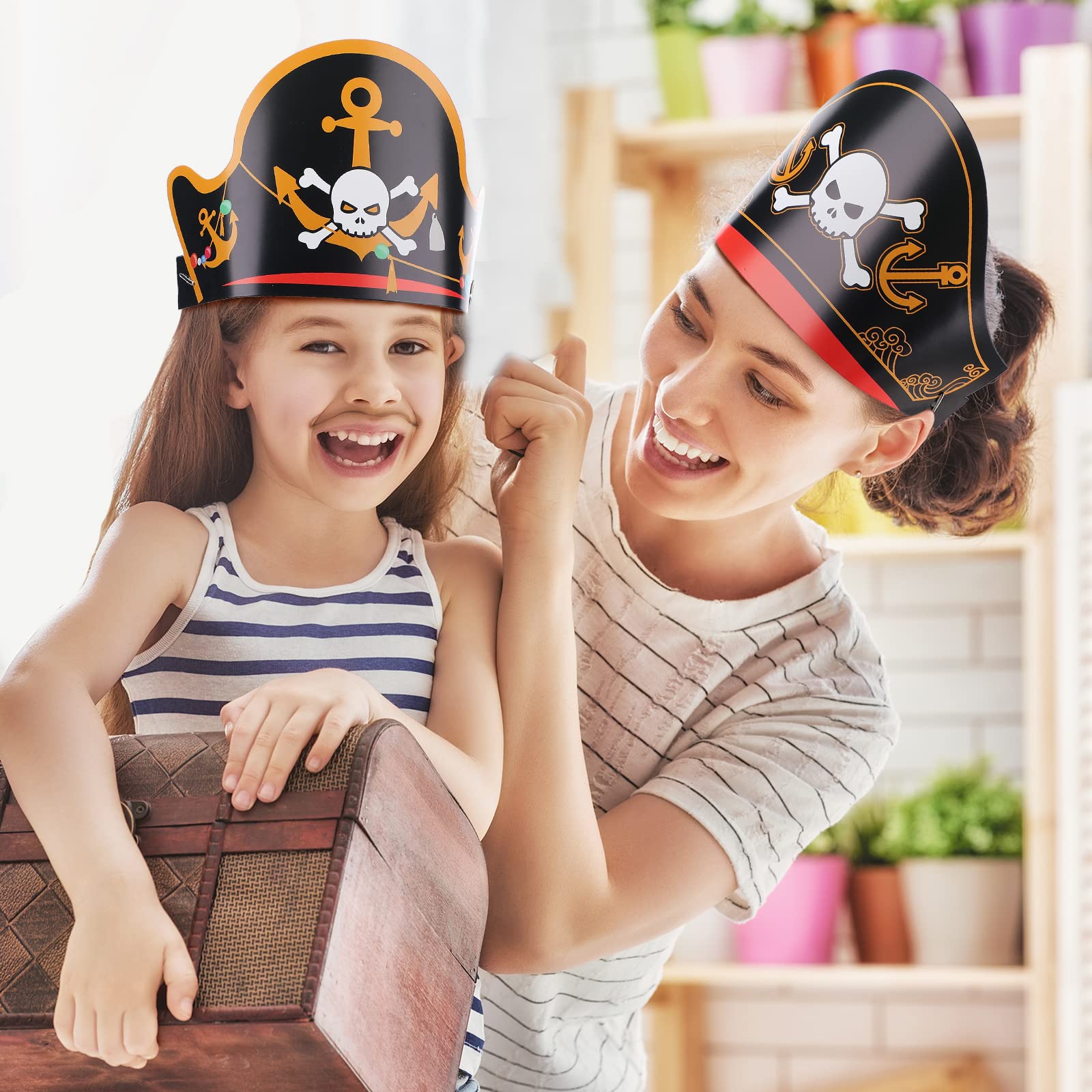 Funtery 48 Pack Pirate Hats – 12 Unique Designs for Kids and Adults – Paper Party Bandanas for Halloween and Costume Events