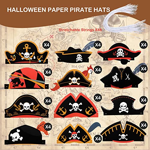 Funtery 48 Pack Pirate Hats – 12 Unique Designs for Kids and Adults – Paper Party Bandanas for Halloween and Costume Events