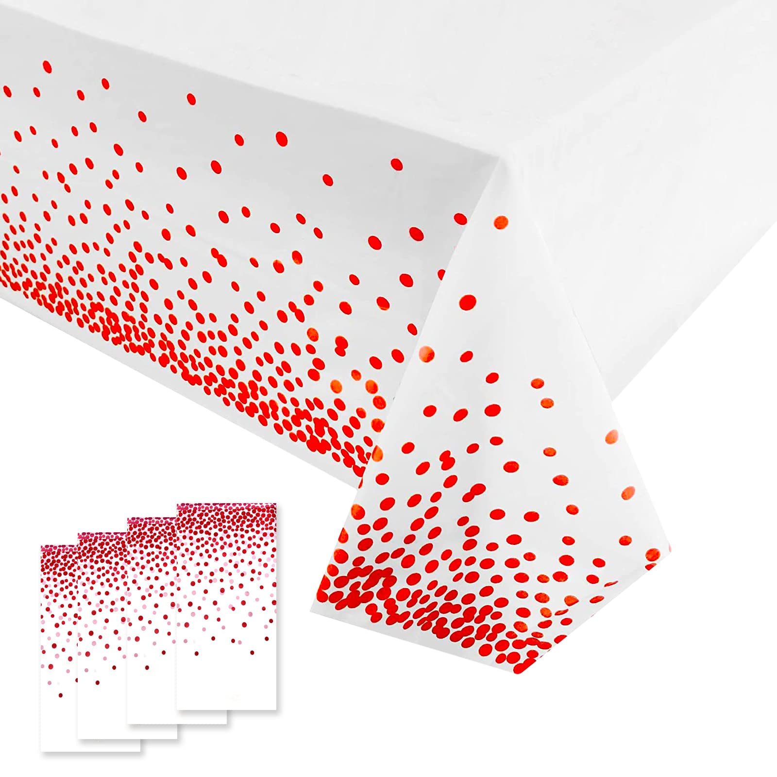 FUNTOOB 4-Pack White Plastic Tablecloth with Red Dots - 54x108 Inch Disposable Waterproof Party Table Cover for Baby Shower, Gender Reveal, Birthday