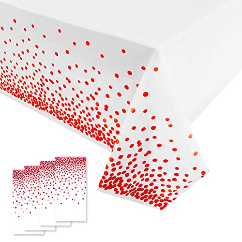 FUNTOOB 4-Pack White Plastic Tablecloth with Red Dots - 54x108 Inch Disposable Waterproof Party Table Cover for Baby Shower, Gender Reveal, Birthday