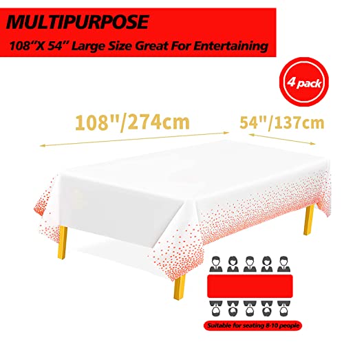 FUNTOOB 4-Pack White Plastic Tablecloth with Red Dots - 54x108 Inch Disposable Waterproof Party Table Cover for Baby Shower, Gender Reveal, Birthday