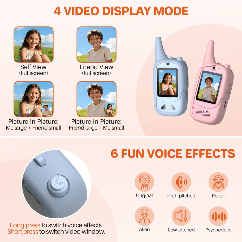 FUNYKICH Kids Video Walkie Talkies – 2 Pack with Unicorn Cases, Rechargeable, 350m Range, Voice Changer, for Ages 3-12