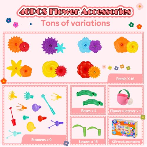 FUNZBO 46-Piece Flower Garden Building Toy Set – STEM Sorting & Stacking for Girls Ages 3-8