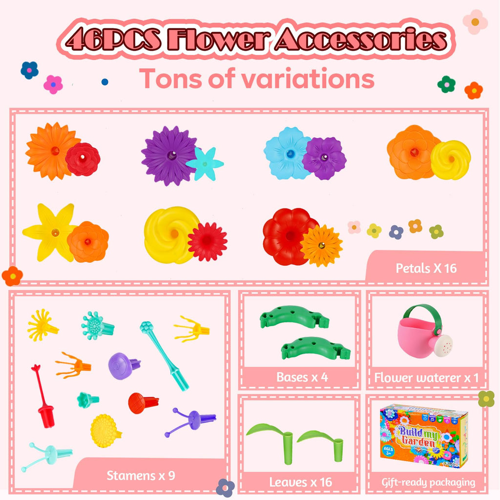 FUNZBO 46-Piece Flower Garden Building Toy Set – STEM Sorting & Stacking for Girls Ages 3-8