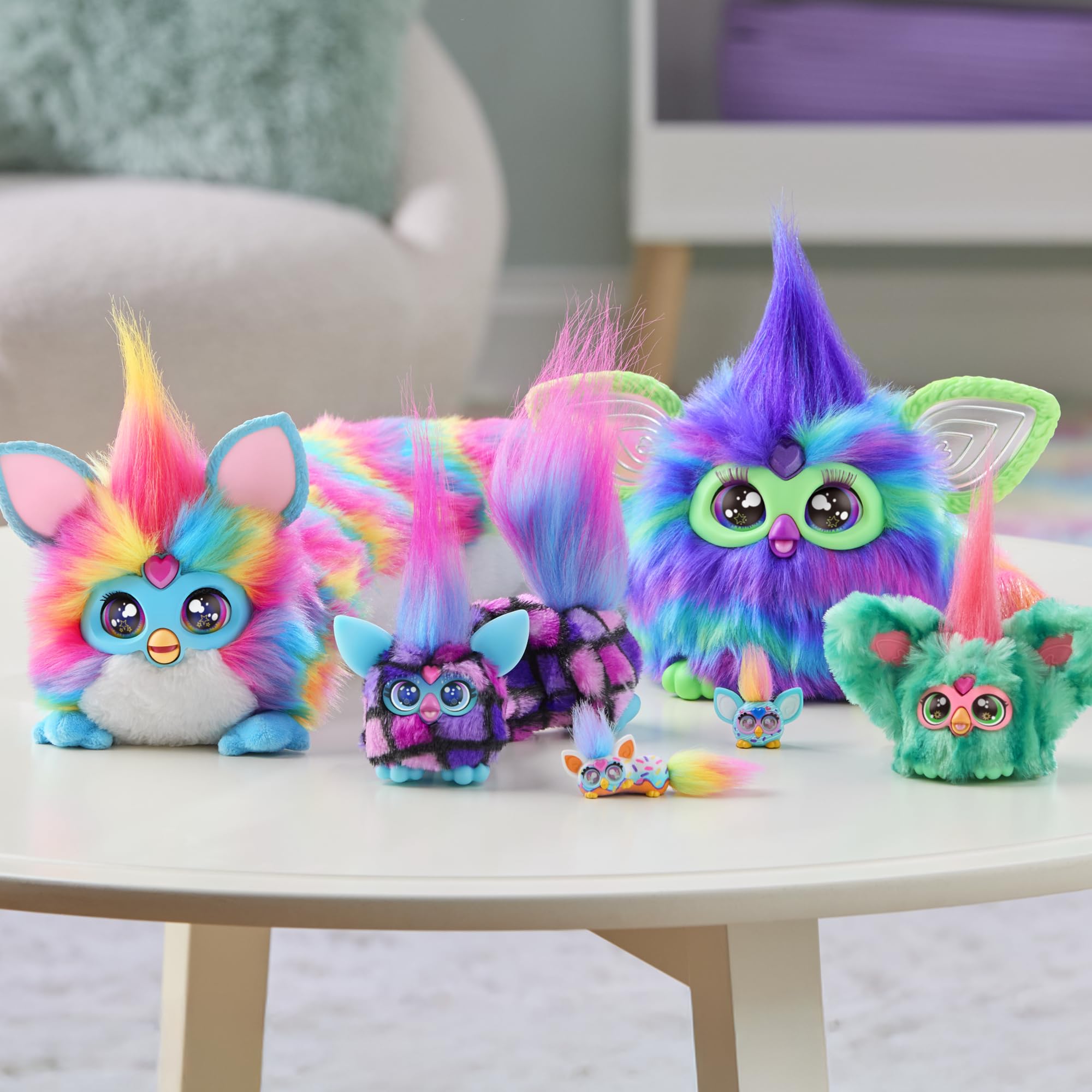 Furby DJ Furblets Can-Dee-Swirl Mini Electronic Plush Toy – Stretchy, Musical, and Speaks Furbish