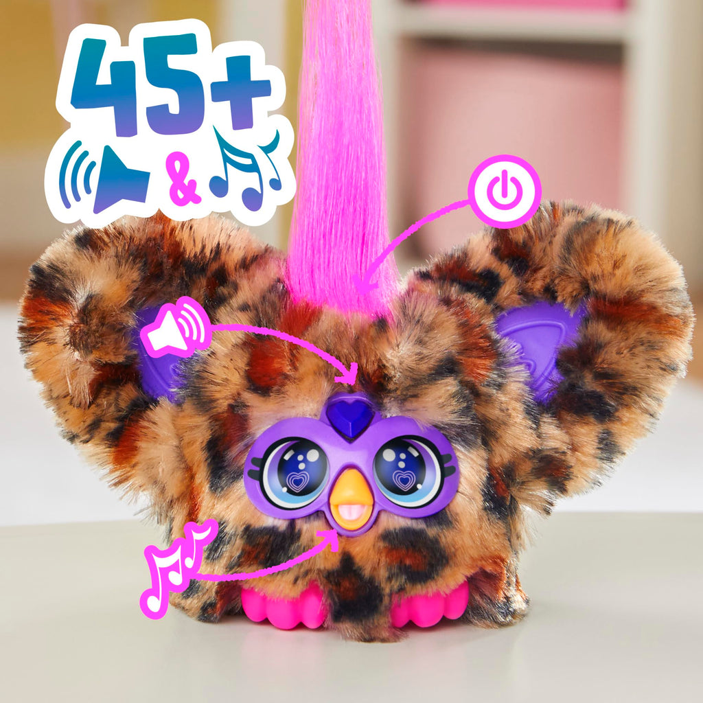 Furby Furblets Chee-Chee Mini Friend - Cheetah Print Electronic Plush Toy with 45+ Sounds, Keychain Clip, Ages 6+