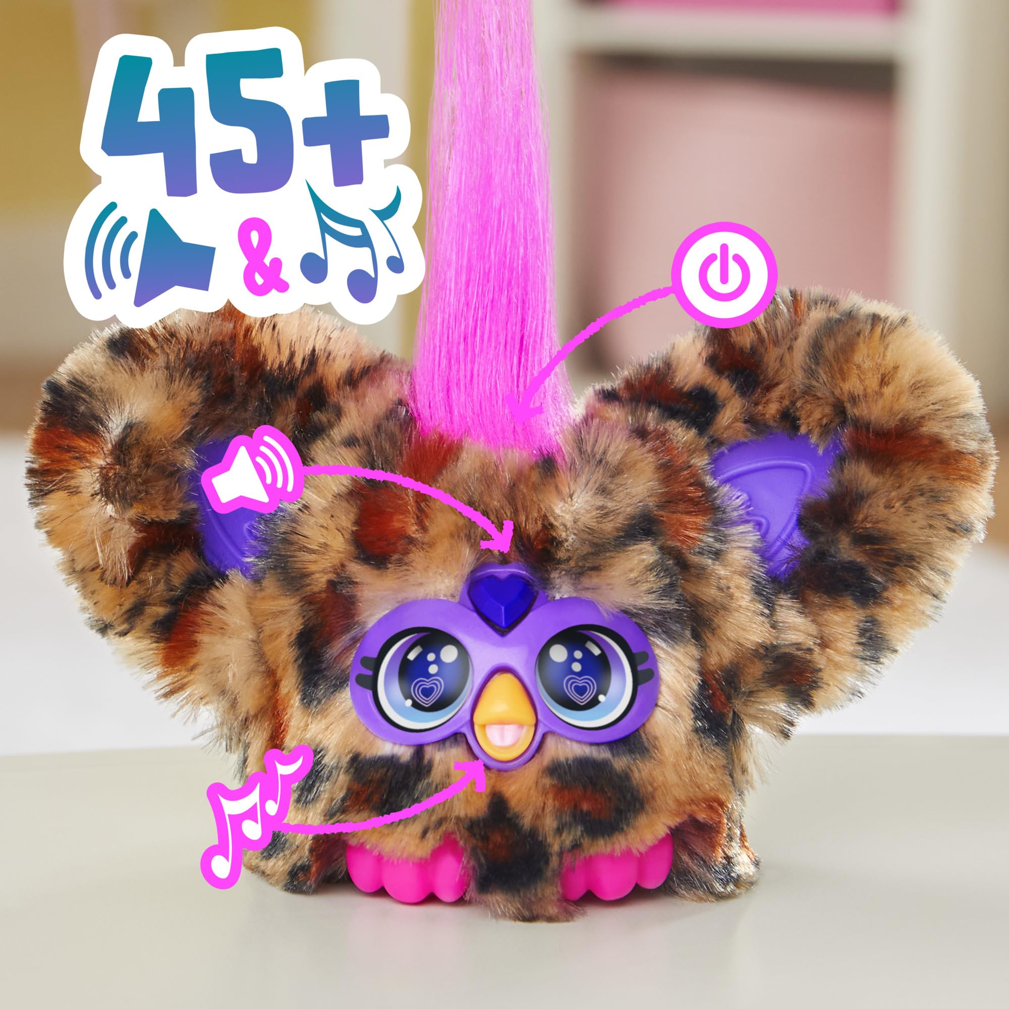 Furby Furblets Chee-Chee Mini Friend - Cheetah Print Electronic Plush Toy with 45+ Sounds, Keychain Clip, Ages 6+