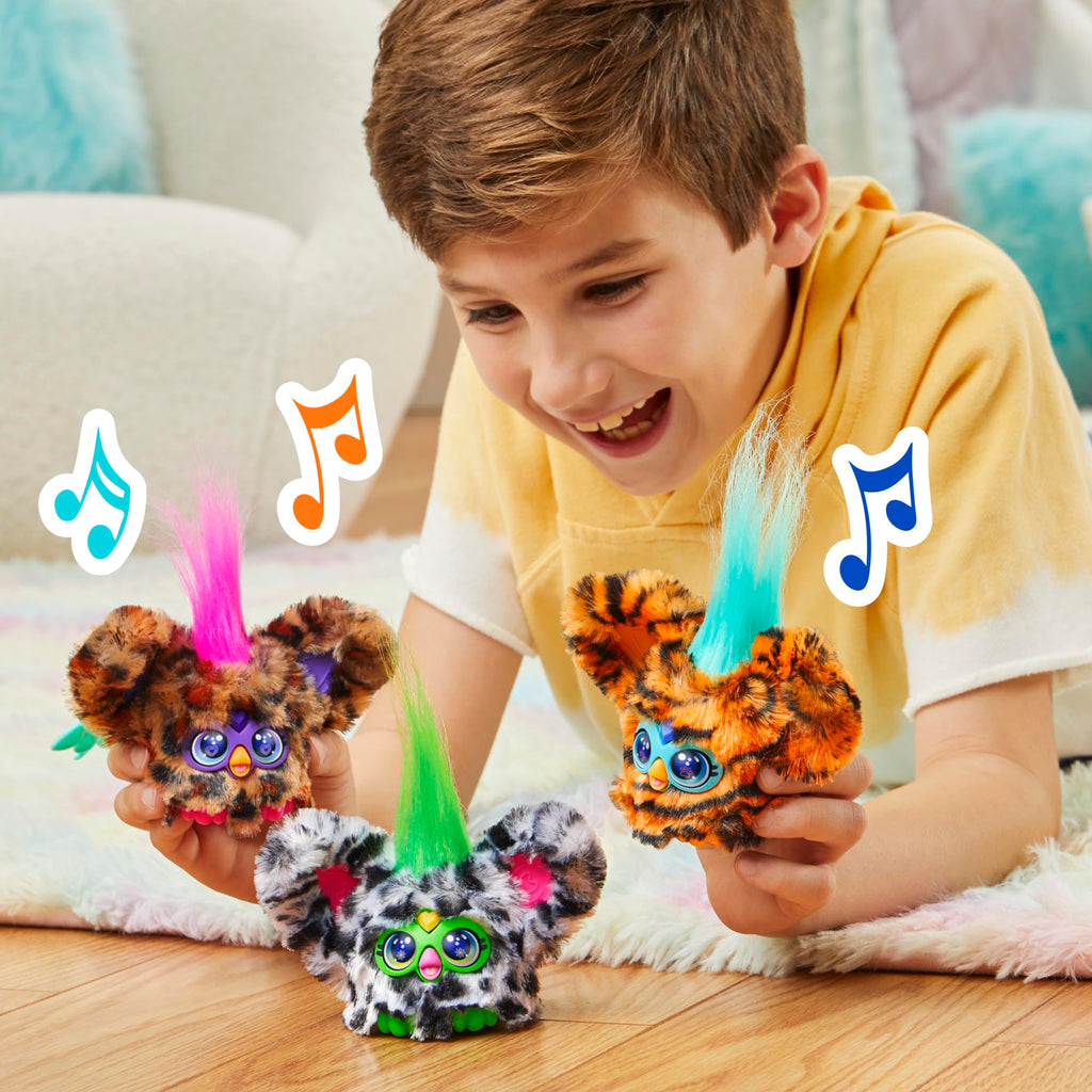 Furby Furblets Chee-Chee Mini Friend - Cheetah Print Electronic Plush Toy with 45+ Sounds, Keychain Clip, Ages 6+
