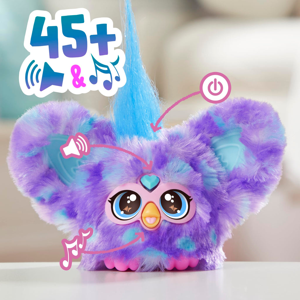 Furby Furblets Groo-Vee Mini Friend: Purple & Blue Plush with Keychain Clip, 45+ Sounds in Furbish, Ages 6+