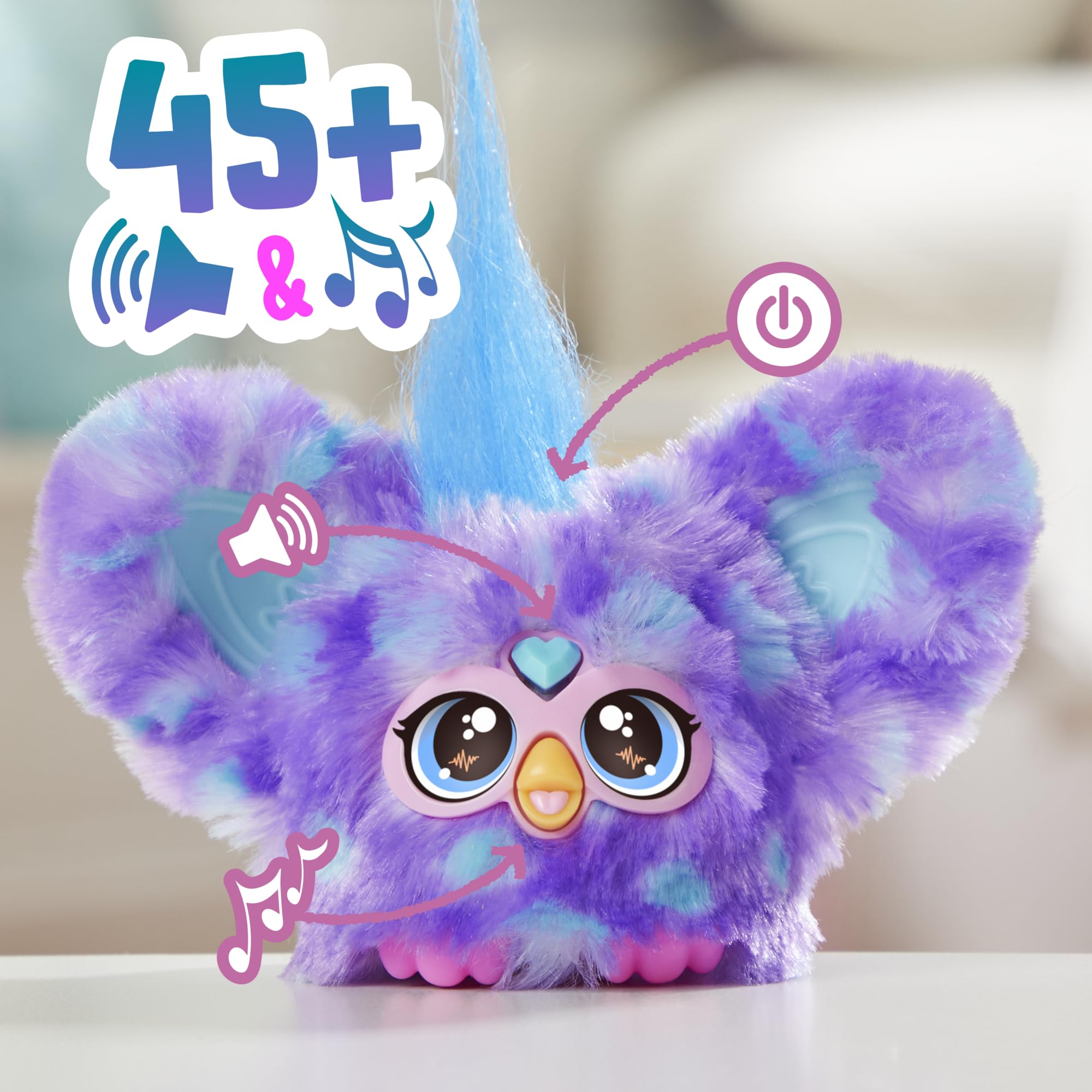 Furby Furblets Groo-Vee Mini Friend: Purple & Blue Plush with Keychain Clip, 45+ Sounds in Furbish, Ages 6+
