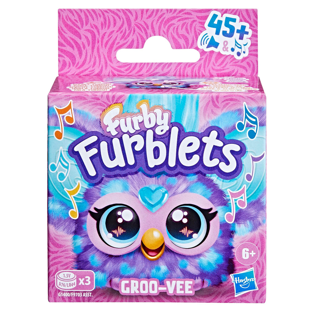 Furby Furblets Groo-Vee Mini Friend: Purple & Blue Plush with Keychain Clip, 45+ Sounds in Furbish, Ages 6+