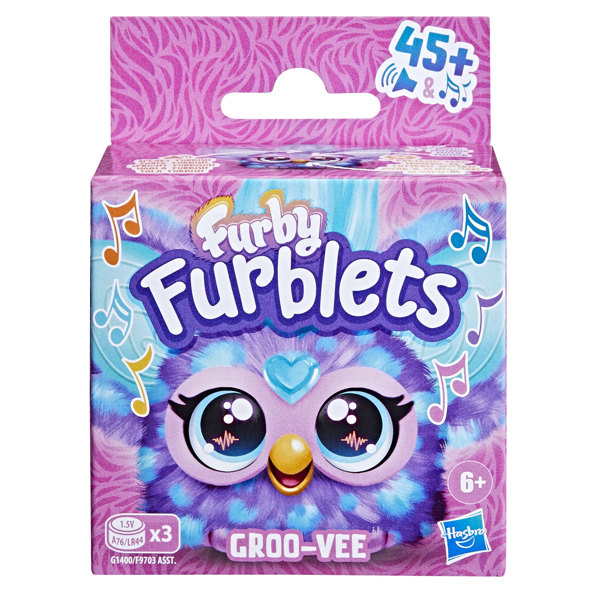 Furby Furblets Groo-Vee Mini Friend: Purple & Blue Plush with Keychain Clip, 45+ Sounds in Furbish, Ages 6+