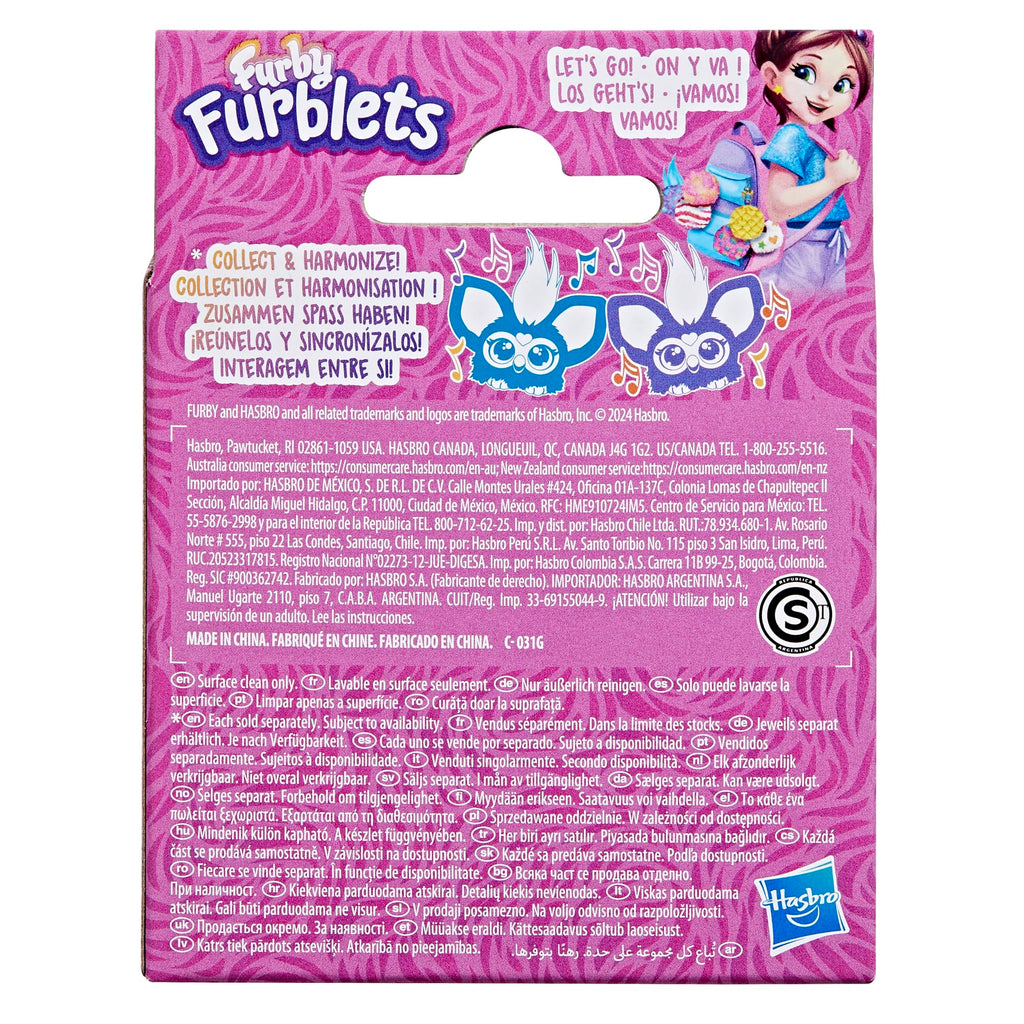 Furby Furblets Groo-Vee Mini Friend: Purple & Blue Plush with Keychain Clip, 45+ Sounds in Furbish, Ages 6+