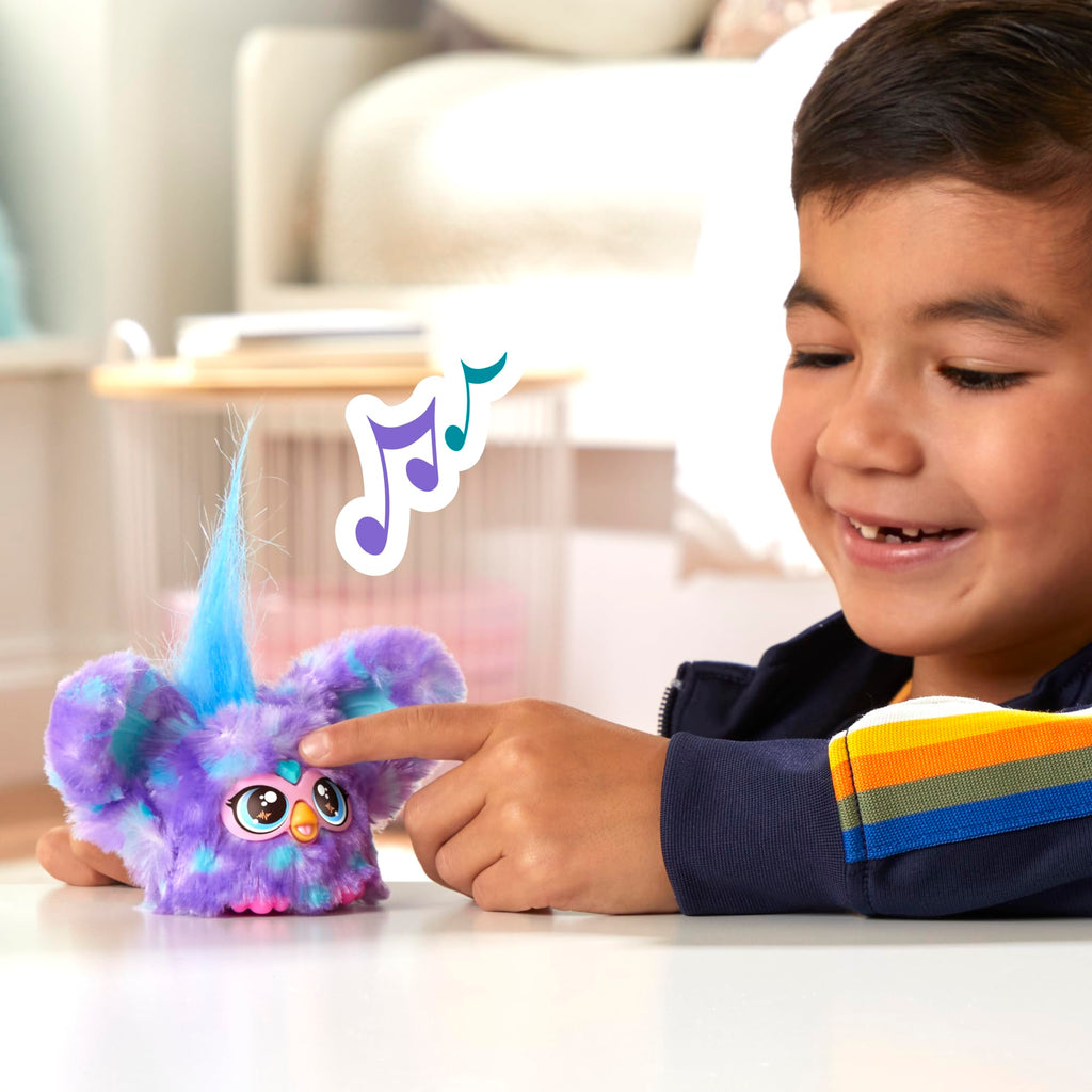 Furby Furblets Groo-Vee Mini Friend: Purple & Blue Plush with Keychain Clip, 45+ Sounds in Furbish, Ages 6+