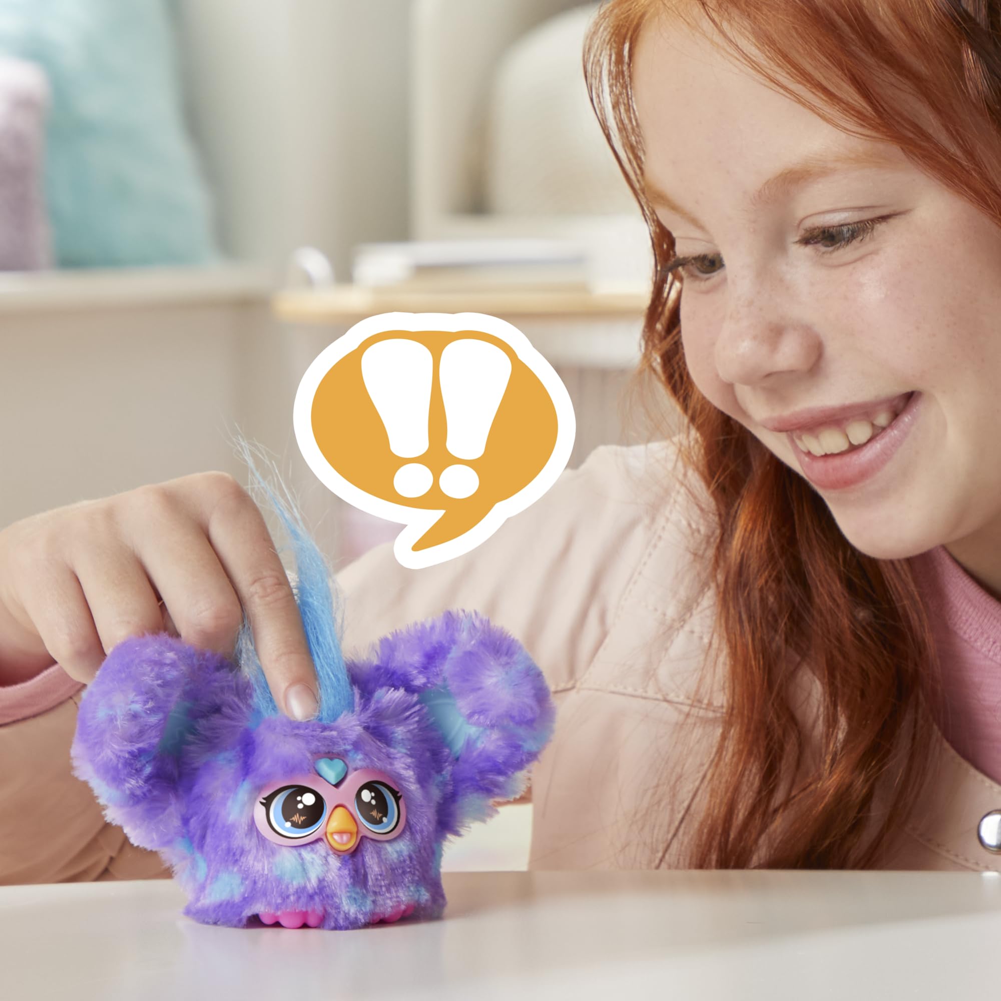 Furby Furblets Groo-Vee Mini Friend: Purple & Blue Plush with Keychain Clip, 45+ Sounds in Furbish, Ages 6+