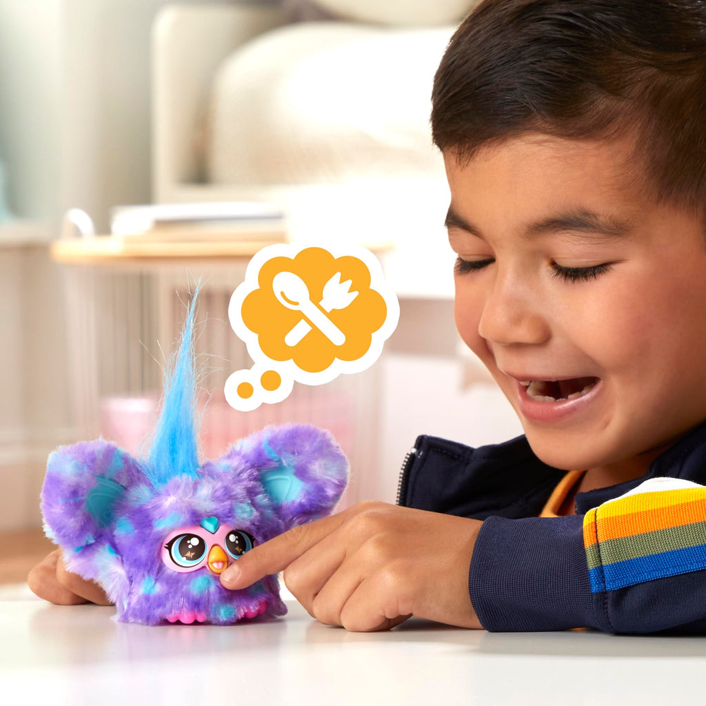 Furby Furblets Groo-Vee Mini Friend: Purple & Blue Plush with Keychain Clip, 45+ Sounds in Furbish, Ages 6+