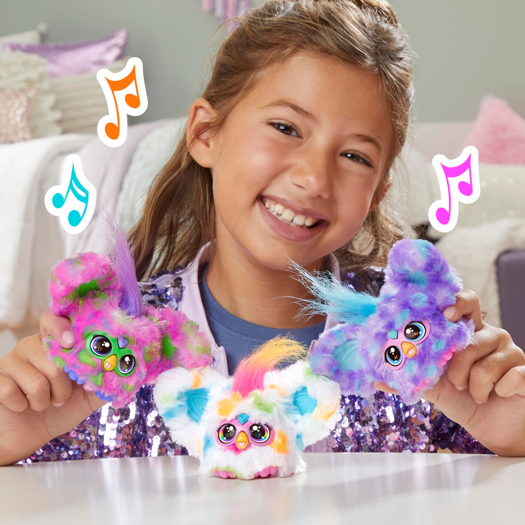 Furby Furblets Groo-Vee Mini Friend: Purple & Blue Plush with Keychain Clip, 45+ Sounds in Furbish, Ages 6+