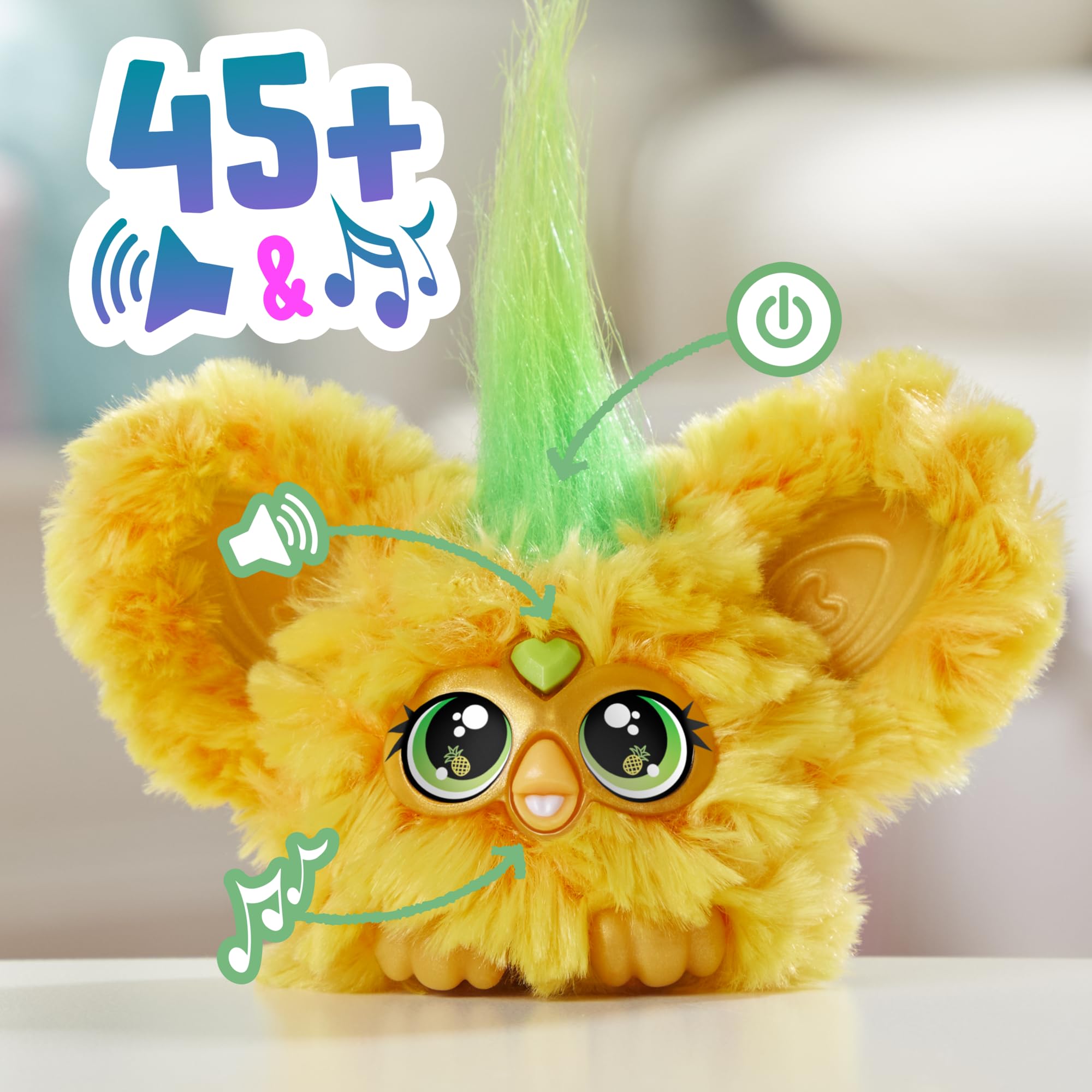 Furby Furblets Hoo-Lah Pineapple Mini Friend – 45+ Sounds, Speaks Furbish, Keychain Clip for Kids Ages 6+
