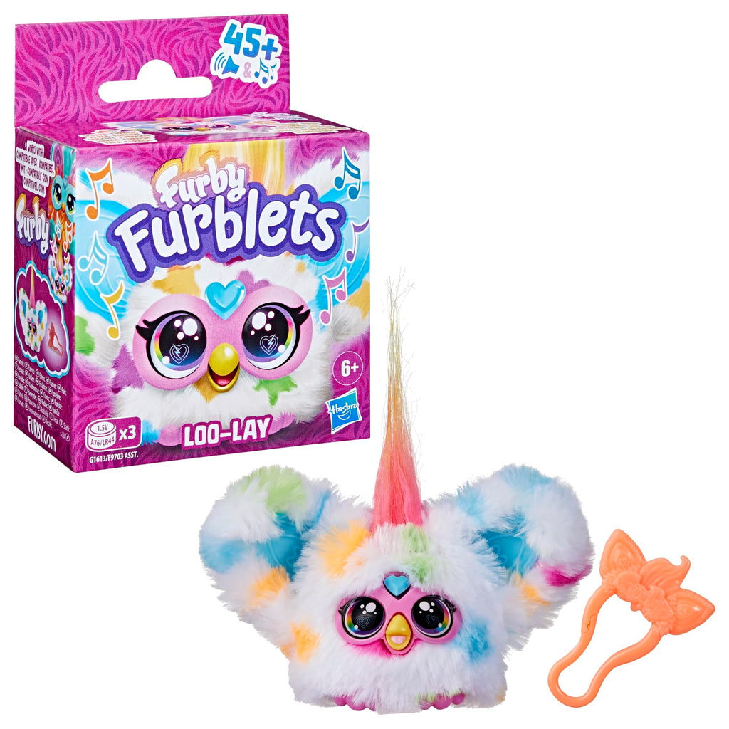 Furby Furblets Loo-Lay Mini Friend: Gamer Plush with 45+ Chiptune Sounds & Backpack Clip