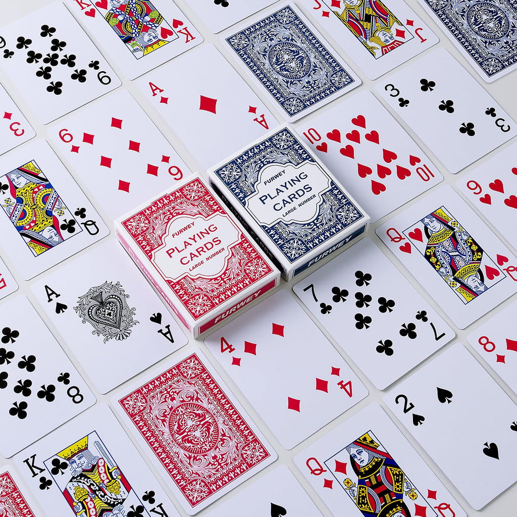 FURWEY 12-Pack Standard Playing Cards – Large Print, Red & Blue Backs for Poker, Blackjack, Euchre, Canasta