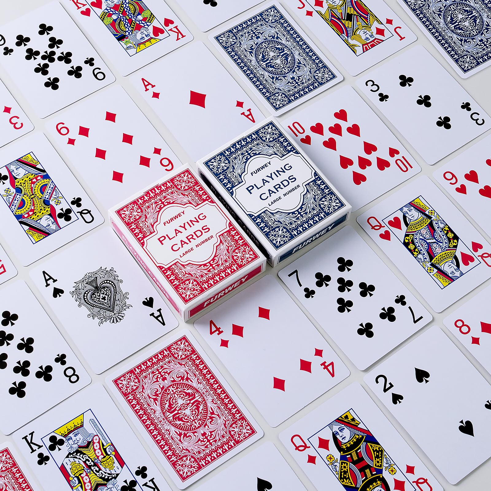 FURWEY 12-Pack Standard Playing Cards – Large Print, Red & Blue Backs for Poker, Blackjack, Euchre, Canasta