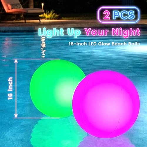 FUTUREPLUSX 2-Pack Light Up Beach Balls - 16 Inch LED Pool Balls with Remote Control, 16 Colors, 4 Modes, Waterproof, for Adults