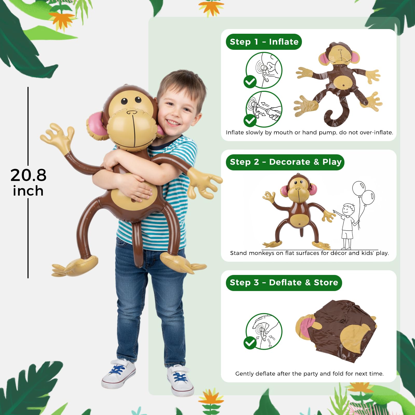 FUTUREPLUSX 3 Pack Inflatable Jungle Monkeys – 20.8" Tall Party Decorations for Jungle Themed Birthdays & Baby Showers