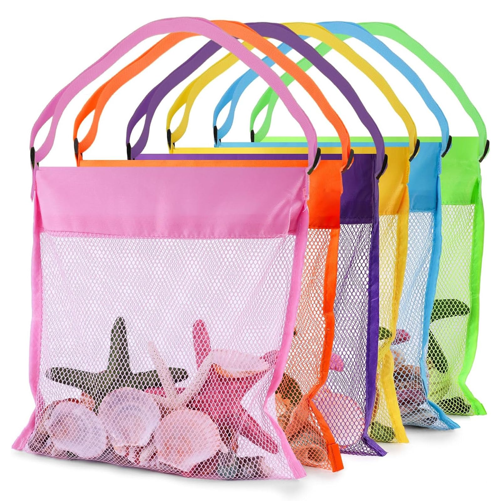 FUTUREPLUSX 6-Pack Mesh Beach Bags for Kids – Colorful Seashell Collecting Bags with Adjustable Strap
