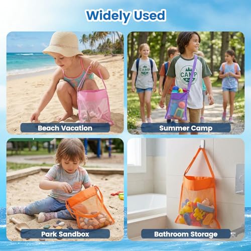 FUTUREPLUSX 6-Pack Mesh Beach Bags for Kids – Colorful Seashell Collecting Bags with Adjustable Strap
