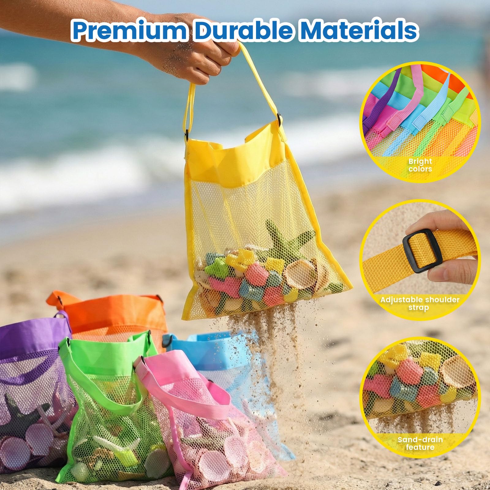 FUTUREPLUSX 6-Pack Mesh Beach Bags for Kids – Colorful Seashell Collecting Bags with Adjustable Strap