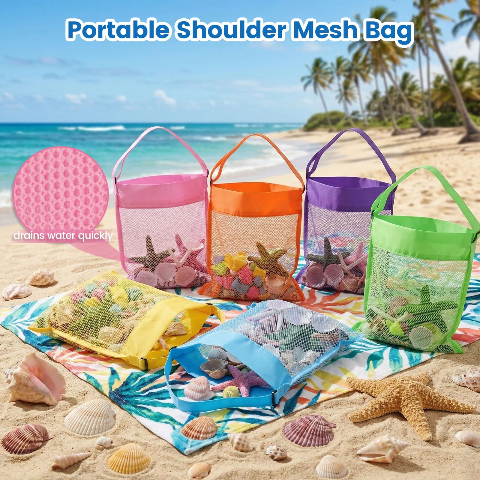 FUTUREPLUSX 6-Pack Mesh Beach Bags for Kids – Colorful Seashell Collecting Bags with Adjustable Strap