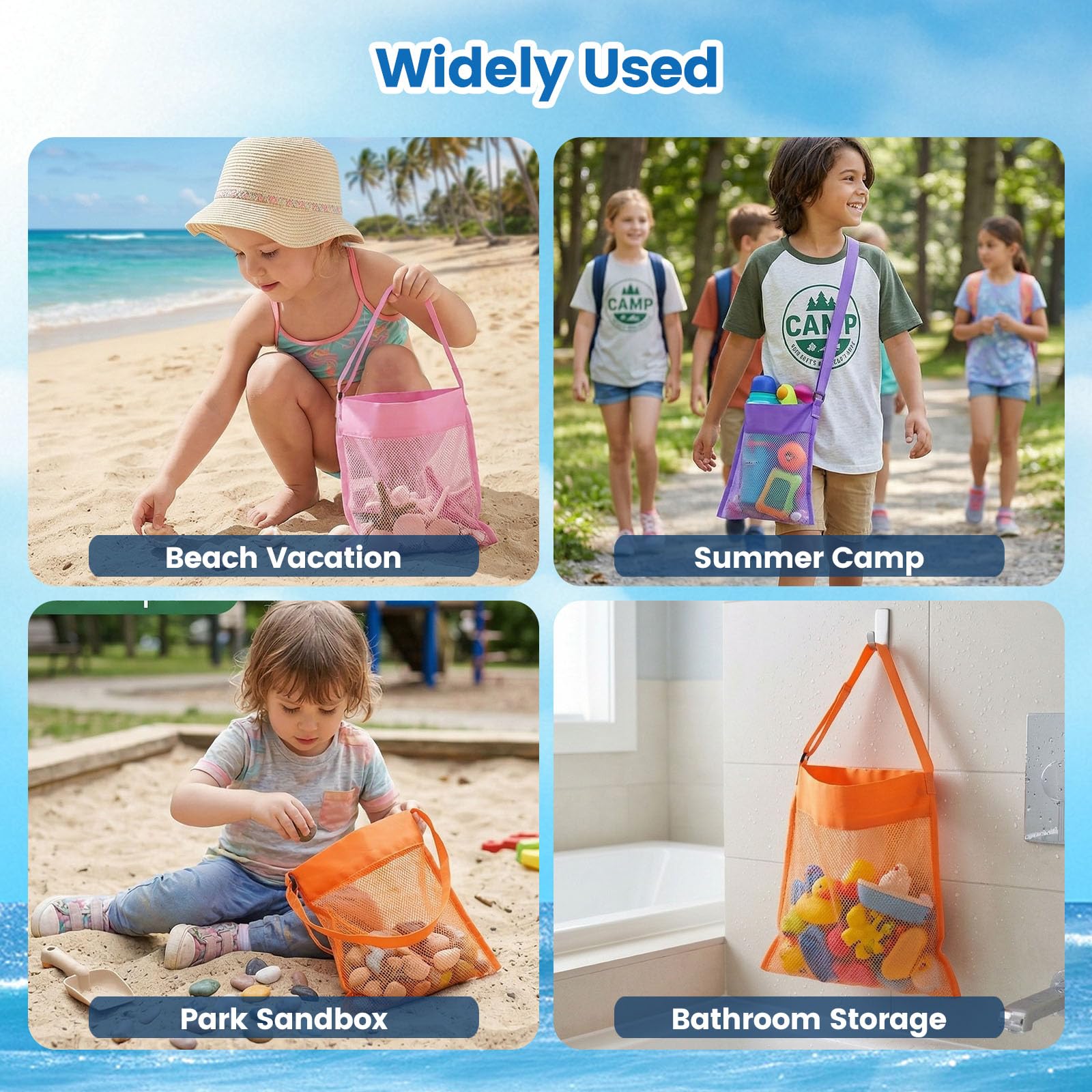 FUTUREPLUSX 6-Pack Mesh Beach Bags for Kids – Colorful Seashell Collecting Bags with Adjustable Strap
