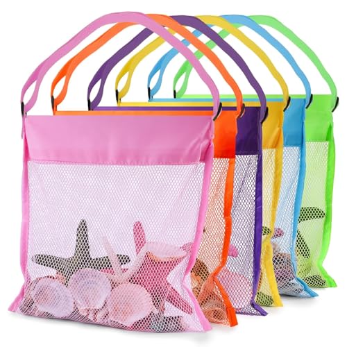 FUTUREPLUSX 6-Pack Mesh Beach Bags for Kids – Colorful Seashell Collecting Bags with Adjustable Strap