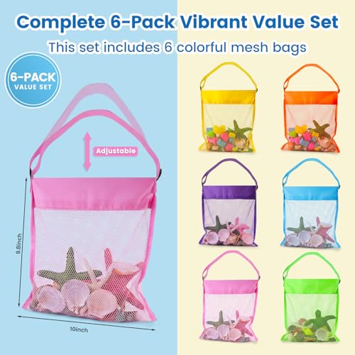 FUTUREPLUSX 6-Pack Mesh Beach Bags for Kids – Colorful Seashell Collecting Bags with Adjustable Strap