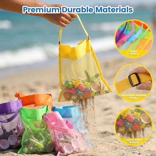 FUTUREPLUSX 6-Pack Mesh Beach Bags for Kids – Colorful Seashell Collecting Bags with Adjustable Strap