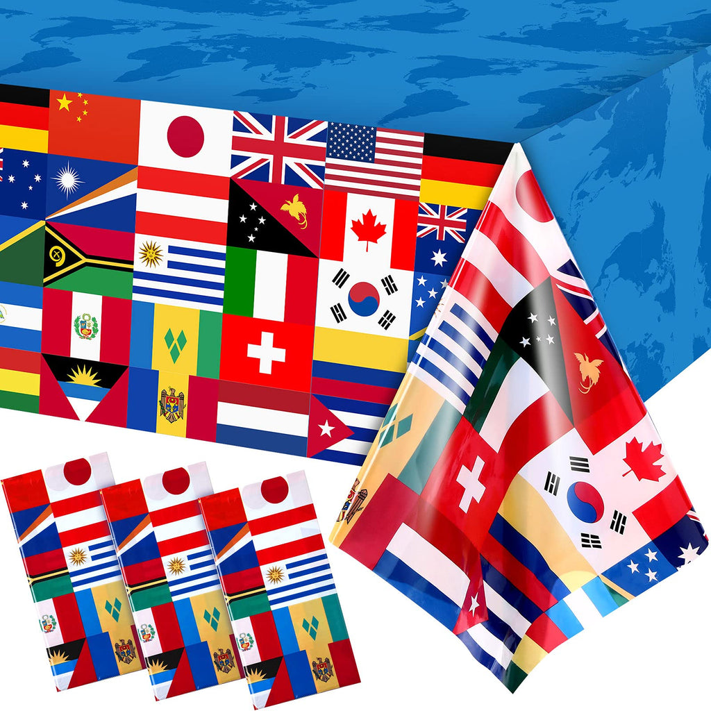 FuWeave 3-Pack International Flag Plastic Tablecloth – 108 x 54 Inch World Country Flags Theme Party Decor