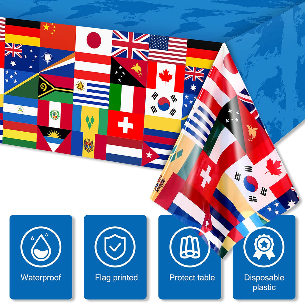 FuWeave 3-Pack International Flag Plastic Tablecloth – 108 x 54 Inch World Country Flags Theme Party Decor